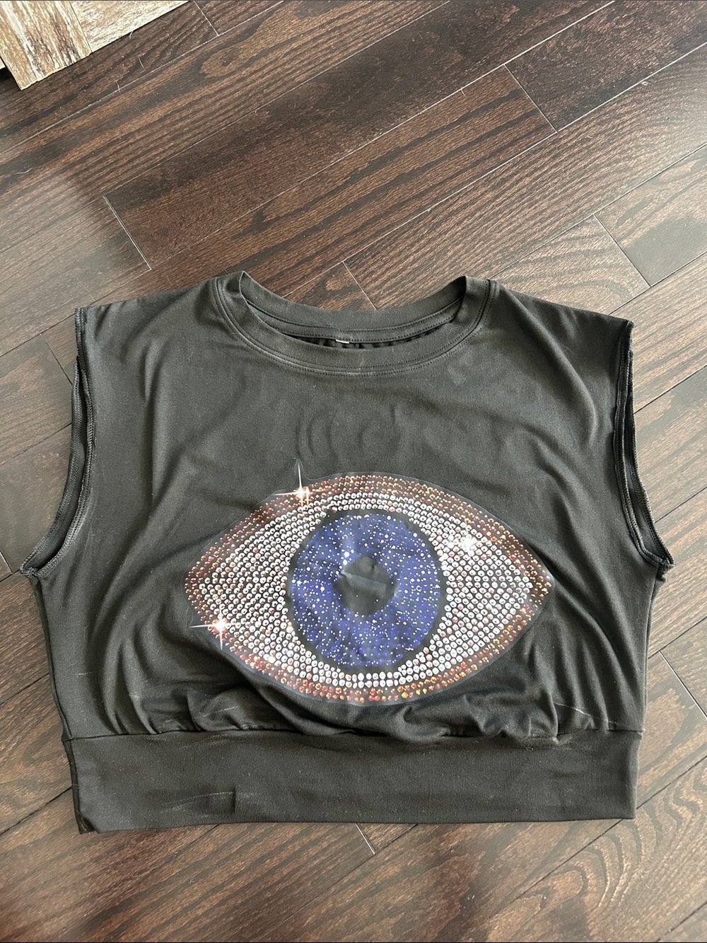 Black Crop Tank with Printed Blue Eye Motif